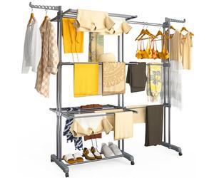 VOUNOT® Tendedero Vertical Plegable Extensible 4 Niveles 190x64x170cm Tendedores Ropa Torre 2 en 1 Secadora Multifunción con Alas Plegables Ruedas Estantes de Secado Ropa Interior/Exterior Gris