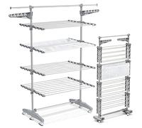 VOUNOT® Tendedero Vertical Plegable, Tendedores de Ropa Tipo Torre, Estantes de Secado Ropa con Alas Plegables, 6 Ruedas y Malla de Secado, 4 Niveles