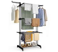 VOUNOT® Tendedero Vertical Plegable Tipo Torre 4 Niveles Zapatero Tendedores Ropa Gran Capacidad Secadora con Ruedas y Alas Plegables Estantes de Secado Ropa Interior/Exterior 126x63x170cm Negro-Gris