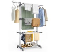 VOUNOT® Tendedero Vertical Plegable Tipo Torre 4 Niveles Zapatero Tendedores Ropa Gran Capacidad Secadora con Ruedas y Alas Plegables Estantes de Secado Ropa Interior/Exterior 126x63x170cm Gris-Blanco