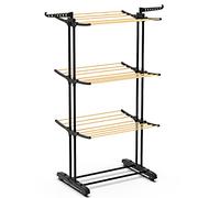 VOUNOT® Tendedero Vertical Tipo Torre, Tendedores de Ropa Plegable, Estantes de Secado Ropa de Metal con 6 Alas Plegables y 4 Ruedas, Aspecto de Madera, 3 Niveles