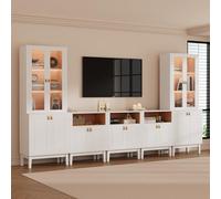 VOWNER Muebles de TV 240cm, Armario para TV con Puertas de Vidrio y Estantes, Mueble Salón con Luz LED Integrada para TV hasta 50 Pulgadas, Gabinete de Almacenamiento Moderno (Blanco, 5PCS)