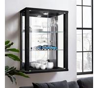 VR-Wohnideen: Vitrina de cristal negra (80x60x25 cm) con 2 estantes de cristal ajustables en altura, fabricados con vidrio de seguridad (ESG), iluminación LED y espejo; ideal para coleccionistas