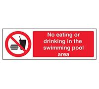 VSafety - Señal de prohibición de no comer o beber en la zona de la piscina, paisaje - 300 mm x 100 mm, vinilo autoadhesivo