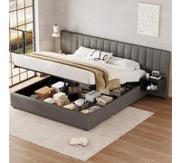 vutizal Cama tapizada de 180 x 200 cm con 2 mesitas de noche, almacenamiento hidráulico, cama doble de lino y madera en gris y negro, estable y sin ruido, sin colchón