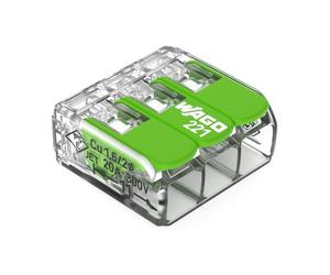 WAGO Green Range Terminal de 3 conductores I hasta 4 mm² I Terminal de conexión de 3 conductores con palancas para todos los tipos de escalera I 221-423 I 12 unidades