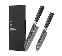Wakoli EDIB Essentials, juego de 2 cuchillos Santoku de damasco: 12 cm y 18 cm. Cuchillos de cocina profesionales fabricados con 67 capas de acero damasco, con mango de madera de Pakka. Incluye caja d