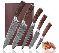 Conjunto de cuchillos de damasco Wakoli Edib, modelo 5, con estuche de madera. Incluye cuchillos de 8 a 20 cm de longitud de hoja, con mango de madera de Pakka