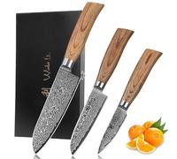Conjunto de 3 cuchillos de damasco Wakoli Edib, con mango de madera, hojas de 8-16 cm y empuñaduras de material sintético (Pakkaholz)