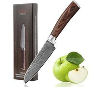 WAKOLI EDIB Santoku pequeño de 12,5 cm en acero de damasco con núcleo VG10, mango de madera Pakka, para fruta y verdura, con caja de regalo