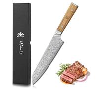 Wakoli Oribu cuchillo Kiritsuke 20 cm en acero de damasco de 67 capas con núcleo VG10, full tang, mango de madera de olivo, para carne, pescado y verduras, con caja regalo