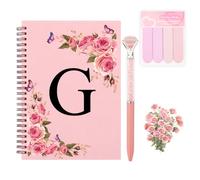 WALLFID Cuaderno Personalizado A5 A-Z con Inicial, Journaling Notebook Floral con Bolígrafo Diamante, Notas Adhesivas y Pegatinas, Libreta Personalizada, Regalo Mujer Personalizado，G
