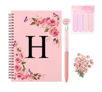 WALLFID Cuaderno Personalizado A5 A-Z con Inicial, Journaling Notebook Floral con Bolígrafo Diamante, Notas Adhesivas y Pegatinas, Libreta Personalizada, Regalo Mujer Personalizado，H