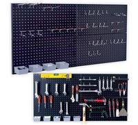 Wallmaster Organizador de tablero de clavijas para almacenamiento de garaje, juego de 48 ganchos para tablero de clavijas, organizador de herramientas con tablero de clavijas de acero de 48 x 24
