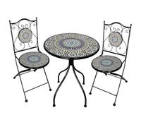 WANDERLUST DECO Conjunto de Jardín Mesa y 2 Sillas de Mosaico Naranja y Forja Negra, Set Bistró para Terraza o Exterior, Mesa Ø60 cm con Sillas Decorativas, Mobiliario Exterior Elegante