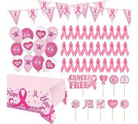 WANDIC Juego grande de decoración de cinta rosa, 2.4 x 1.4 yardas, mantel, pancartas, 18 globos, adornos para tartas y alfileres de cinta rosa para concienciación sobre el cáncer de mama