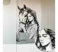 WandSticker4U®- [Dibujos] Pegatinas pared decorativas NIÑA y CABALLO blanco/negro (49x72 cm) I Vinilos decorativos pared caballo mujere chica adolescente I Decoración habitación juvenil niña COOL