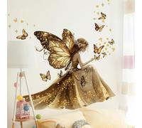 WandSticker4U®- XXL Pegatinas pared decorativas NIÑA y MARIPOSAS en dorado (110x112 cm) I Vinilos decorativos pared adolescentes chicas hada I Decoración habitación juvenil niña GRANDE COOL