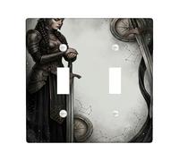 Warrior - Placa de cubierta doble para interruptor de luz, escudo de espada medieval de fantasía, plástico negro, tamaño estándar, placa decorativa para el hogar, sala de estar, dormitorio, decoración