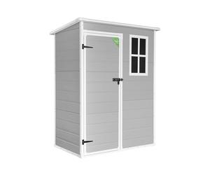Wasabi - Caseta de Resina Jardín Unit 1.4 - Ventana Luz Natural - Suelo Incluido - Paneles 12mm de Espesor - Gris Blanco - Cobertizo PVC Almacenaje Exterior - 1,37m2 - Techo Plano