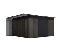 Wasabi - Caseta Jardín Exterior 13,22m² Robin t1 - Efecto Madera Premium - Leñero Lateral - Doble Puerta corredera - Rejillas de ventilación - Techo Plano - Cobertizo Metal almacenaje - 397x333x191cm