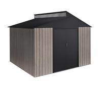 Wasabi - Caseta Jardín Exterior 7,25m² Robin t2 - Efecto Madera Premium - Tragaluz Superior - Doble Puerta corredera - Desagües para Recogida de Agua - Cobertizo Metal para almacenaje - 282x257x222cm