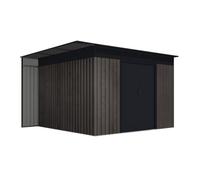 Wasabi - Caseta Jardín Exterior 8,96m² Robin t1 - Efecto madera premium - Leñero lateral - Doble puerta corredera - Rejillas ventilación - Techo plano - Cobertizo metal para almacenaje - 333x269x189cm
