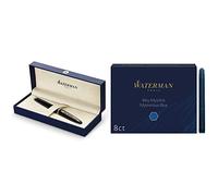 Waterman Carène Pluma Estilográfica, Negro (Black Gold Trim), Punta Fina & cartuchos de tinta para plumas estilográficas | largos | azul misterioso | paquete de 8