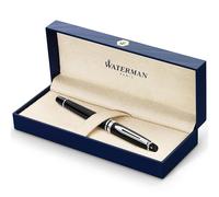 Waterman Expert pluma estilográfica, brillante con adorno cromado, plumín fino con cartucho de tinta azul, estuche de regalo, color negro
