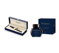 Waterman Expert - Pluma estilográfica y estuche (adornos dorados, punta media), color negro + Waterman - Bote de tinta permanente (50 ml), color negro