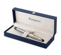 Waterman Expert pluma estilográficaacero inoxidable con adorno de oro de 23 quilatesplumín fino con cartucho de tinta azulestuche de regalo