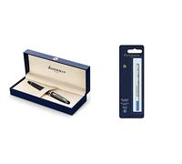 Waterman Expert rotulador roller, con adorno cromado, punta fina con cartucho de tinta negra + Recambio para bolígrafos roller, punta fina con tinta azul, paquete de 1