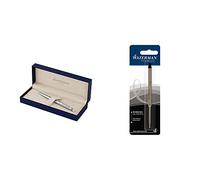 Waterman Hemisphere - Bolígrafo en caja de regalo (mecanismo de apertura de giro), acabado en acero inoxidable cromado + Waterman S0553640 - Pack de 3 recambios para bolígrafo de bola, color negro