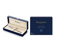 Waterman Hémisphère pluma estilográfica, acero inoxidable con adorno de oro de 23 quilates + Cartuchos de tinta para plumas estilográficas, largos, azul misterioso