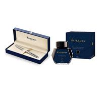 Waterman Hemisphere - Pluma estilográfica con adornos cromados, plumín fino, acero inoxidable, con estuche + Waterman - Bote de tinta permanente (50 ml), color negro