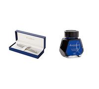 Waterman Hemisphere - Pluma estilográfica con adornos cromados, plumín fino, acero inoxidable, con estuche + Waterman 723574 - Bote de tinta (50 ml), azul