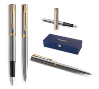 Waterman Impression Juego de bolígrafos y plumas estilográficas con grabado, pluma premium personalizada, elegante juego de escritura para hombres y mujeres, tinta azul (Stainless Steel GT)