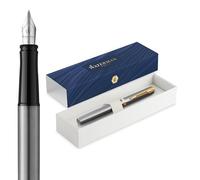Waterman Impression Pluma estilográfica | Plumín medio con recarga de tinta azul | Acero inoxidable con adornos chapados en oro | Caja de regalo