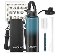 WATERSY 1.2L Botella Térmica, Botella con 2 tapas Acero Inoxidable 40oz Sin BPA, Termo de Agua con Pajita Doble Pared para Frío 48h/Calor 24h, para Gimnasio, Viajes y Deporte (Azul/Negro)