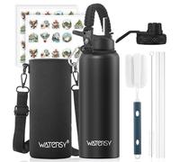WATERSY 1.2L Botella Térmica, Botella con 2 tapas Acero Inoxidable 40oz Sin BPA, Termo de Agua con Pajita Doble Pared para Frío 48h/Calor 24h, para Gimnasio, Viajes y Deporte (Negro)