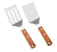WATIIFUFU 2piezas Espátula de Acero Inoxidable para Bistec con Mango de Madera Ergonómico de Espátula Ranurada y Plana para Cocina Herramienta Portátil para Freír para Hogar y Restaurante