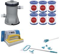 WAYS - Cuidado de piscinas - Kit de mantenimiento Deluxe y bomba de filtración de 2006 l/h, con 6 filtros tipo II y cepillo de limpieza WAYS
