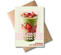 WBdesignz Bonita tarjeta de invitación para Strawberry Matcha Date con sobre, invitación para beber matcha, fresa, cita de café, moderna tarjeta para reuniones para amigas, amigos, amantes del matcha