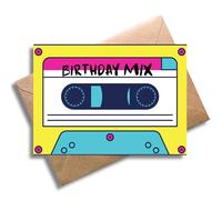 WBdesignz Tarjeta de cumpleaños retro con sobre, colorida, tarjeta de felicitación para cumpleaños, mezcla de cumpleaños, divertida tarjeta mixtape, diseño de los 80 años 90 (DIN A6)