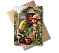 WBdesignz Tarjeta de despedida de frutas con sobre, divertida tarjeta de jubilación para jardín, plátano y fresa, despedida en el trabajo de oficina, para colegas, hombres y mujeres (DIN A6)