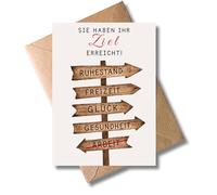 WBdesignz Tarjeta de jubilación con texto en inglés "Sie haben ihr Ziel erreicht!" con sobre, divertida tarjeta de felicitación para jubilación con guía hacia la jubilación - despedida a colegas