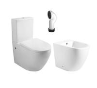 Wc Inodoro Completo Compacto Adosado a Pared Redondo con Sistema Rimless | Wc Completo con Salida Dual y Asiento Amortiguado + Bide