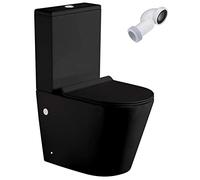 Wc Inodoro Completo Redondo Negro Mate | Inodoro Tanque Bajo con Cisterna y Asiento Extrafino de color Negro | Wc de Diseño Moderno Adosado a Pared con Salida Dual y Sistema Rimless