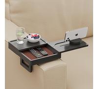 Wealone Bandeja negra para reposabrazos de sofá con 2 bandejas giratorias, mesa ajustable con clip para brazo de sofá con caja de almacenamiento y soporte para teléfono de 360°, mesa de reposabrazos