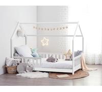 WEB2O Cama Tipi Montessori para niños de madera natural y blanca con somier de láminas 190 x 90 cm